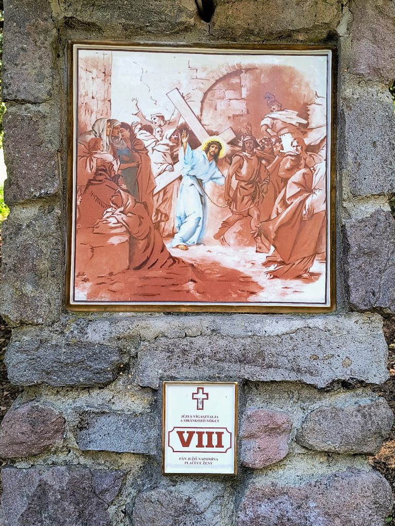 Jézus a keresztet vive a sirató asszonyok felé fordul, körülötte a menet alakjai. Négyzetes porcelánkép aranyszínű keretben, terméskő pillérbe falazva; alatta kétnyelvű tábla a stáció számával.