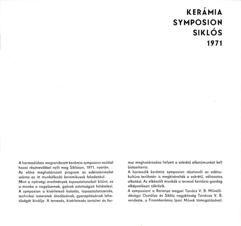 III. Kerámia Symposion, Siklós, 1971, katalógus, 2. lap