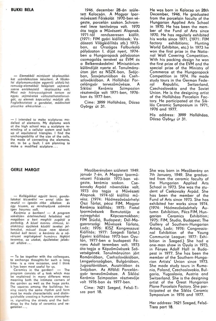 Kerámia a kertben I–II., Siklós, 1976–77, katalógus, 40. lap: a résztvevők életrajza — Bükki Béla és a nyilatkozata